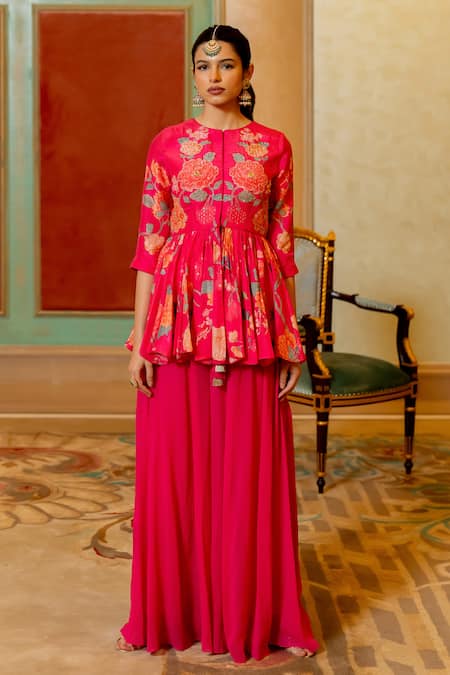 Paulmi And Harsh Blooming Floral Print Peplum Kurta & Palazzo Set 