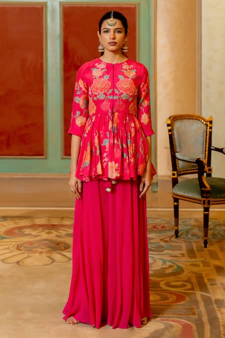 Paulmi And Harsh_Pink Chanderi Silk, Georgette Blooming Floral Print Peplum Kurta And Palazzo Set _Online_at_Aza_Fashions
