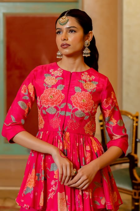 Shop_Paulmi And Harsh_Pink Chanderi Silk, Georgette Blooming Floral Print Peplum Kurta And Palazzo Set _Online_at_Aza_Fashions