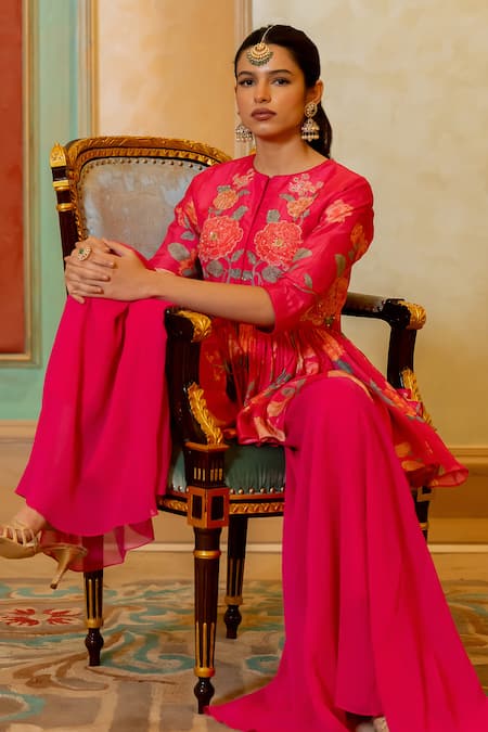 Paulmi And Harsh_Pink Chanderi Silk, Georgette Blooming Floral Print Peplum Kurta And Palazzo Set _at_Aza_Fashions