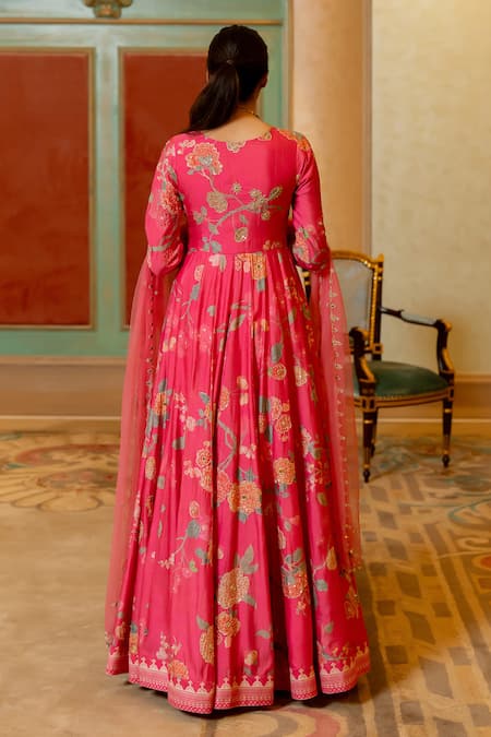 Shop_Paulmi And Harsh_Pink Chanderi Silk, Tissue Sequins, Blooming Floral Print Anarkali With Dupatta _at_Aza_Fashions
