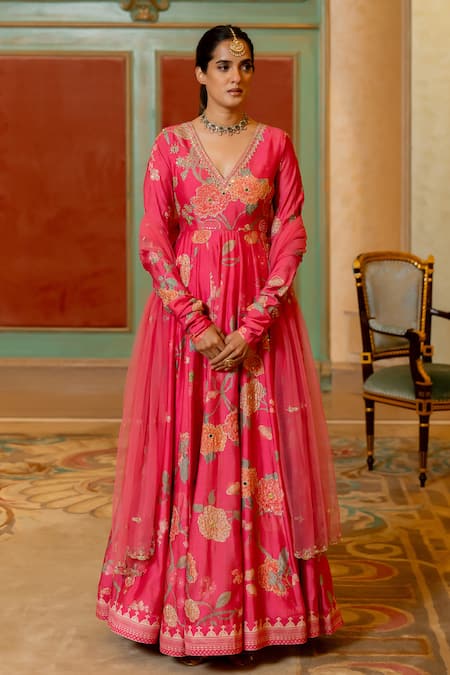 Paulmi And Harsh_Pink Chanderi Silk, Tissue Sequins, Blooming Floral Print Anarkali With Dupatta _Online_at_Aza_Fashions