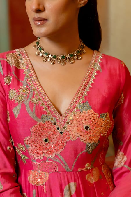 Buy_Paulmi And Harsh_Pink Chanderi Silk, Tissue Sequins, Blooming Floral Print Anarkali With Dupatta _Online_at_Aza_Fashions