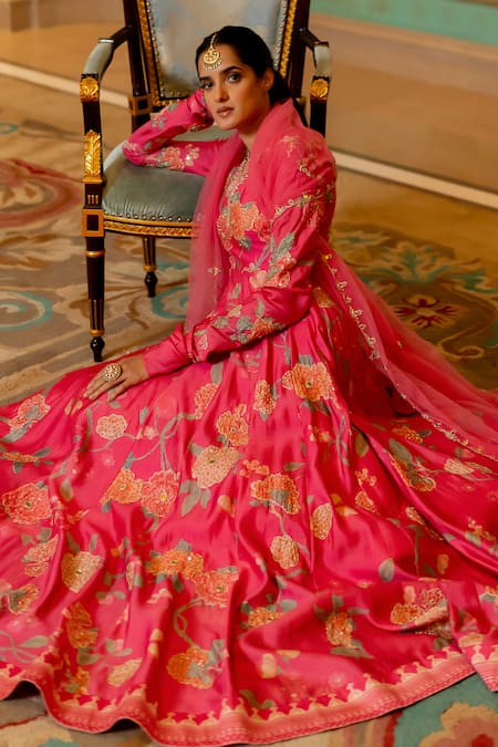 Shop_Paulmi And Harsh_Pink Chanderi Silk, Tissue Sequins, Blooming Floral Print Anarkali With Dupatta _Online_at_Aza_Fashions