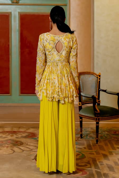 Paulmi And Harsh Geometric Print Peplum Kurta & Palazzo Set 