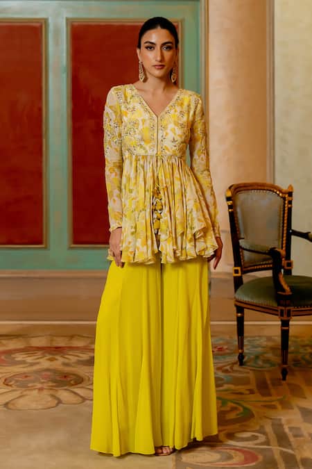 Paulmi And Harsh_Yellow Georgette Diamonds, Mirrors Geometric Print Peplum Kurta And Palazzo Set _Online_at_Aza_Fashions