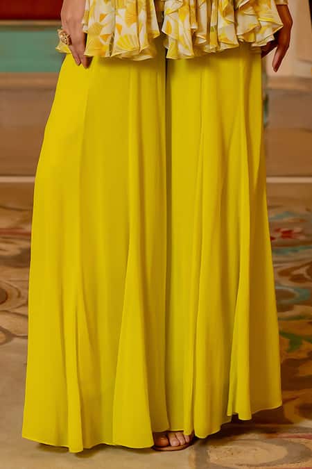 Buy_Paulmi And Harsh_Yellow Georgette Diamonds, Mirrors Geometric Print Peplum Kurta And Palazzo Set _Online_at_Aza_Fashions