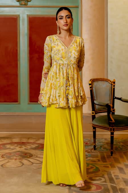 Shop_Paulmi And Harsh_Yellow Georgette Diamonds, Mirrors Geometric Print Peplum Kurta And Palazzo Set _Online_at_Aza_Fashions