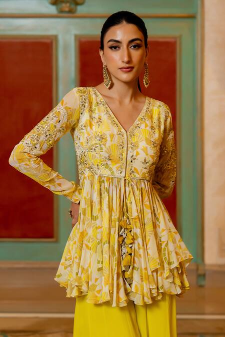Paulmi And Harsh_Yellow Georgette Diamonds, Mirrors Geometric Print Peplum Kurta And Palazzo Set _at_Aza_Fashions
