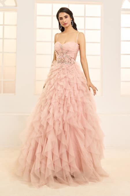 Masumi Mewawalla X AZA_Pink Net, Silk Embroidery Sweetheart Neck Ruffled Gown _at_Aza_Fashions