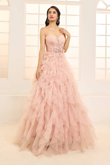Buy_Masumi Mewawalla X AZA_Pink Net, Silk Embroidery Sweetheart Neck Ruffled Gown 