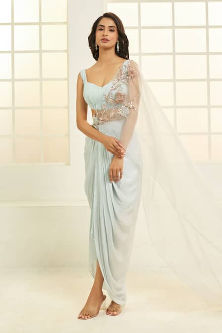 Buy Masumi Mewawalla X AZA Blue Organza, Net, Gingham Embroidery Sweetheart Neck Dhoti Skirt With Blouse Online at Aza Fashions Buy_Masumi Mewawalla X AZA_Blue Organza, Net, Gingham Embroidery Sweetheart Neck Dhoti Skirt With Blouse _Online_at_Aza_Fashions