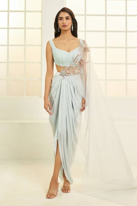 Masumi Mewawalla X AZA Blue Organza, Net, Gingham Embroidery Sweetheart Neck Dhoti Skirt With Blouse at Aza Fashions Masumi Mewawalla X AZA_Blue Organza, Net, Gingham Embroidery Sweetheart Neck Dhoti Skirt With Blouse _at_Aza_Fashions