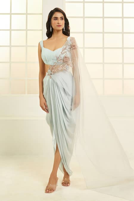 Buy Masumi Mewawalla X AZA Blue Organza, Net, Gingham Embroidery Sweetheart Neck Dhoti Skirt With Blouse Buy_Masumi Mewawalla X AZA_Blue Organza, Net, Gingham Embroidery Sweetheart Neck Dhoti Skirt With Blouse