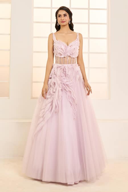 Masumi Mewawalla X AZA_Purple Net, Satin Ruffles, Sequins Sweetheart Neck Hand Embroidered Corset Gown _at_Aza_Fashions
