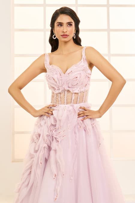 Buy_Masumi Mewawalla X AZA_Purple Net, Satin Ruffles, Sequins Sweetheart Neck Hand Embroidered Corset Gown 