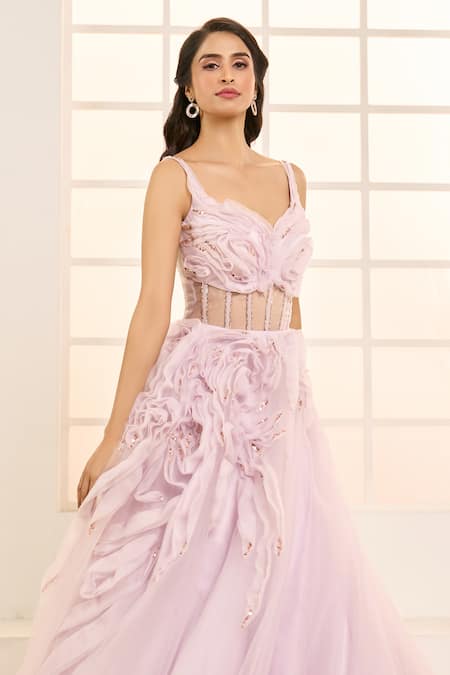 Shop_Masumi Mewawalla X AZA_Purple Net, Satin Ruffles, Sequins Sweetheart Neck Hand Embroidered Corset Gown 