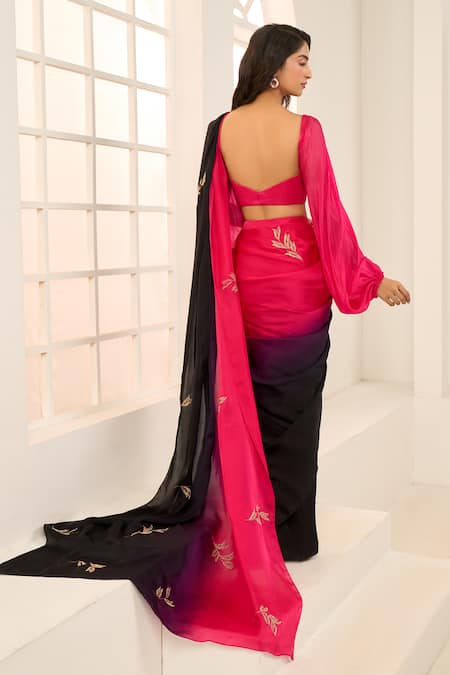 Masumi Mewawalla X AZA_Pink Satin, Organza, Cotton Embroidery Ombre Pre-draped Saree With Blouse _Online_at_Aza_Fashions