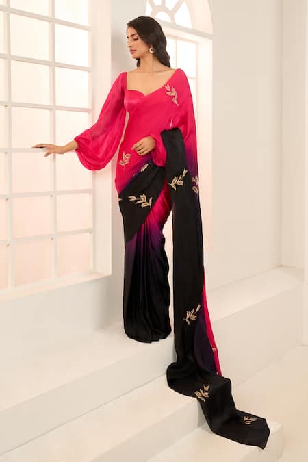 Buy_Masumi Mewawalla X AZA_Pink Satin, Organza, Cotton Embroidery Ombre Pre-draped Saree With Blouse _Online_at_Aza_Fashions