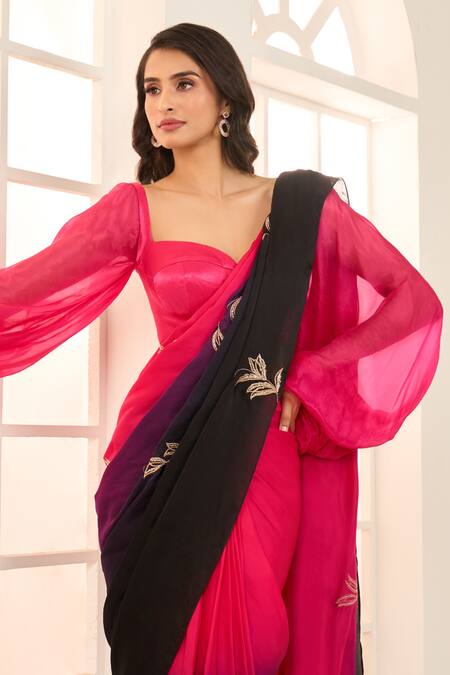 Buy_Masumi Mewawalla X AZA_Pink Satin, Organza, Cotton Embroidery Ombre Pre-draped Saree With Blouse 