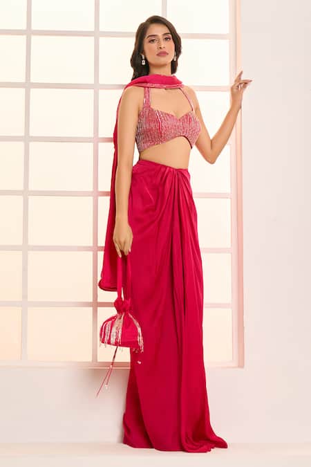 Masumi Mewawalla X AZA_Pink Satin, Organza Sequins, Tassels Embroidered Blouse Draped Dhoti Skirt Set _at_Aza_Fashions