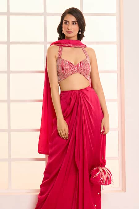 Shop_Masumi Mewawalla X AZA_Pink Satin, Organza Sequins, Tassels Embroidered Blouse Draped Dhoti Skirt Set 