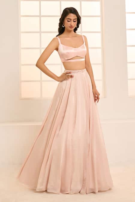 Buy_Masumi Mewawalla X AZA_Rose Gold Satin, Organza, Cotton Embroidery, Sequins Floral Cape Lehenga Set _Online_at_Aza_Fashions