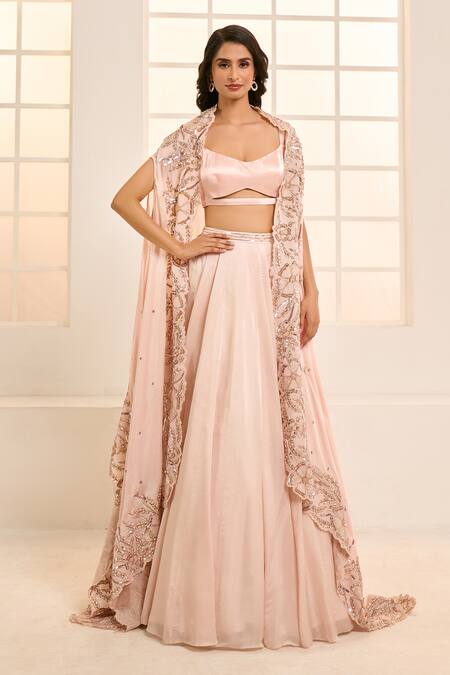 Shop_Masumi Mewawalla X AZA_Rose Gold Satin, Organza, Cotton Embroidery, Sequins Floral Cape Lehenga Set _Online_at_Aza_Fashions