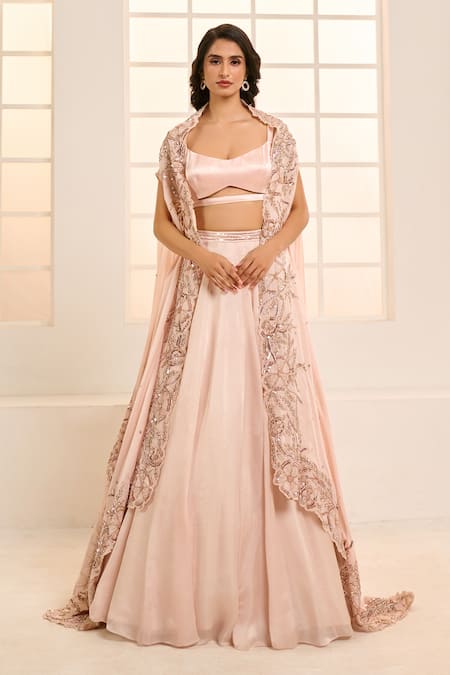 Masumi Mewawalla X AZA_Rose Gold Satin, Organza, Cotton Embroidery, Sequins Floral Cape Lehenga Set _at_Aza_Fashions