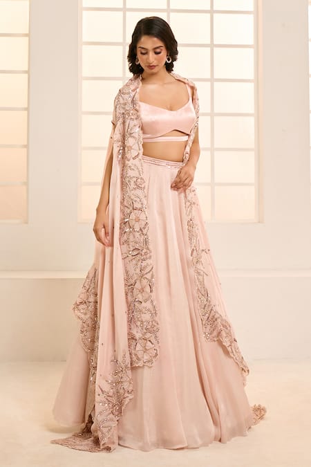 Buy_Masumi Mewawalla X AZA_Rose Gold Satin, Organza, Cotton Embroidery, Sequins Floral Cape Lehenga Set 