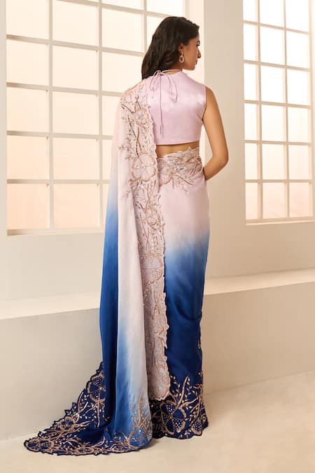 Masumi Mewawalla X AZA_Purple Net, Satin, Organza Embroidery Sweetheart Ombre Saree With Ruched Blouse _Online_at_Aza_Fashions