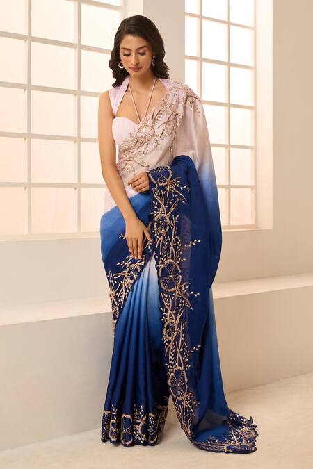 Shop_Masumi Mewawalla X AZA_Purple Net, Satin, Organza Embroidery Sweetheart Ombre Saree With Ruched Blouse _Online_at_Aza_Fashions