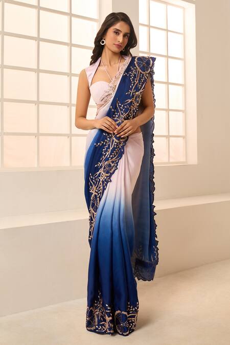 Buy_Masumi Mewawalla X AZA_Purple Net, Satin, Organza Embroidery Sweetheart Ombre Saree With Ruched Blouse 