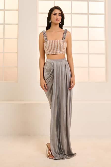 Buy Masumi Mewawalla X AZA Grey Embroidery Square Neck Blouse With Draped Dhoti Skirt Online at Aza Fashions Buy_Masumi Mewawalla X AZA_Grey Embroidery Square Neck Blouse With Draped Dhoti Skirt _Online_at_Aza_Fashions