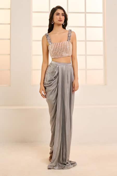 Shop Masumi Mewawalla X AZA Grey Embroidery Square Neck Blouse With Draped Dhoti Skirt Online at Aza Fashions Shop_Masumi Mewawalla X AZA_Grey Embroidery Square Neck Blouse With Draped Dhoti Skirt _Online_at_Aza_Fashions