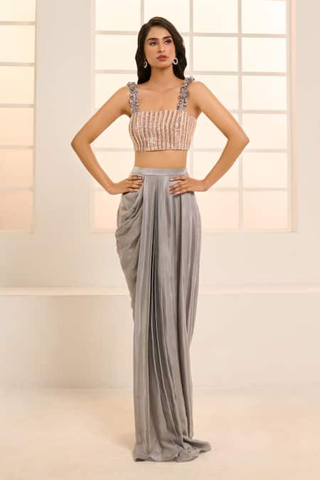 Masumi Mewawalla X AZA Grey Embroidery Square Neck Blouse With Draped Dhoti Skirt at Aza Fashions Masumi Mewawalla X AZA_Grey Embroidery Square Neck Blouse With Draped Dhoti Skirt _at_Aza_Fashions