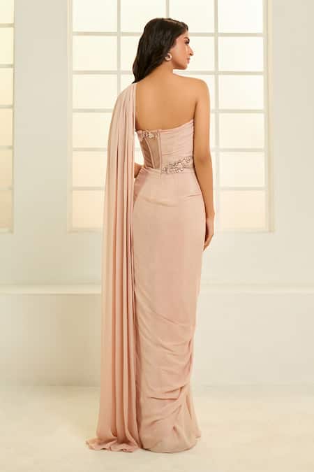 Masumi Mewawalla x AZA Rose Gold Net, Crepe Embroidery Sweetheart Neck Draped Corset Saree Gown Online at Aza Fashions Masumi Mewawalla x AZA_Rose Gold Net, Crepe Embroidery Sweetheart Neck Draped Corset Saree Gown _Online_at_Aza_Fashions
