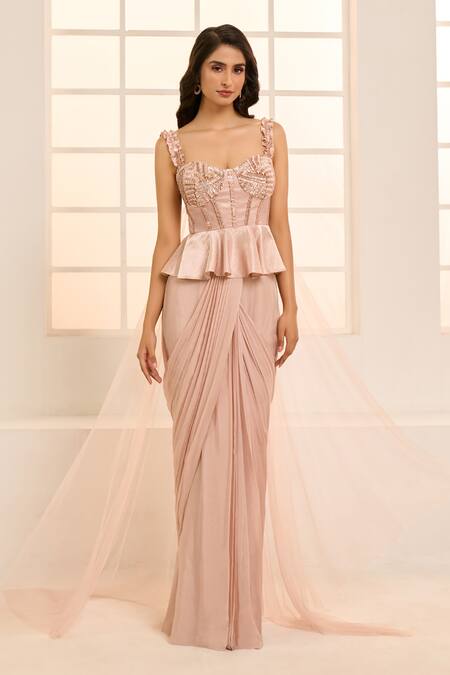 Shop Masumi Mewawalla X AZA Rose Gold Cotton Embroidery Pre-stitched Saree Skirt With Draped Peplum Top Online at Aza Fashions Shop_Masumi Mewawalla X AZA_Rose Gold Cotton Embroidery Pre-stitched Saree Skirt With Draped Peplum Top _Online_at_Aza_Fashions