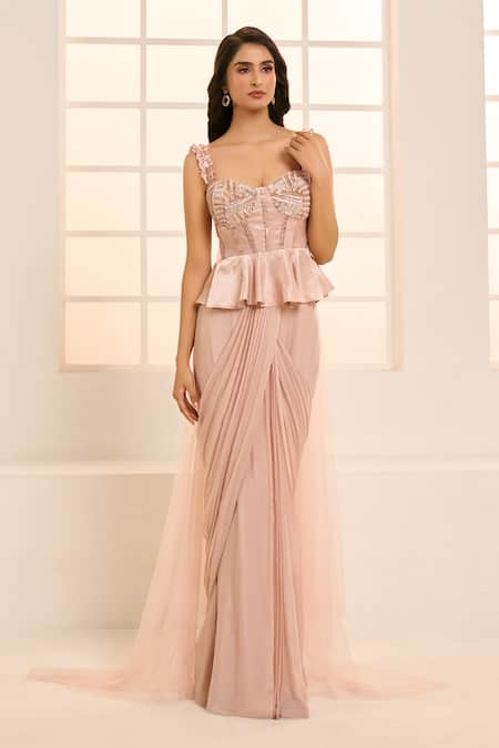 Masumi Mewawalla X AZA Rose Gold Cotton Embroidery Pre-stitched Saree Skirt With Draped Peplum Top at Aza Fashions Masumi Mewawalla X AZA_Rose Gold Cotton Embroidery Pre-stitched Saree Skirt With Draped Peplum Top _at_Aza_Fashions