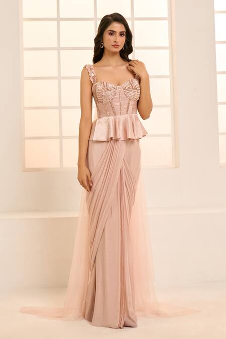 Buy Masumi Mewawalla X AZA Rose Gold Cotton Embroidery Pre-stitched Saree Skirt With Draped Peplum Top Buy_Masumi Mewawalla X AZA_Rose Gold Cotton Embroidery Pre-stitched Saree Skirt With Draped Peplum Top