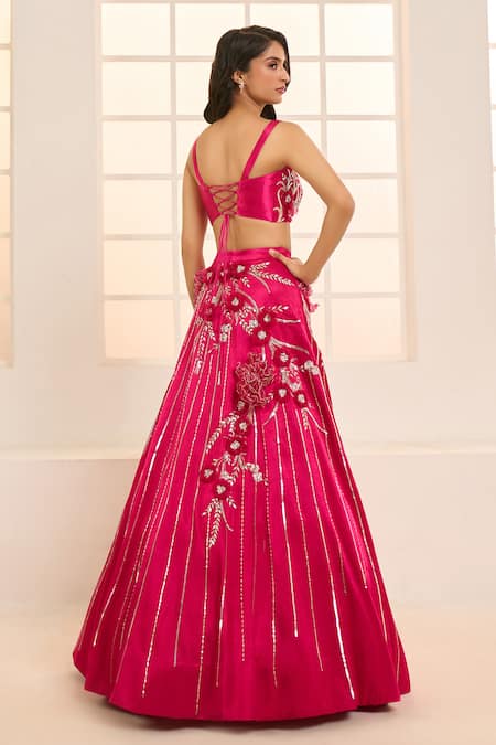 Shop_Masumi Mewawalla X AZA_Pink Net, Satin, Silk Embroidery Sweetheart Blooming Floral Bridal Lehenga Set _Online_at_Aza_Fashions