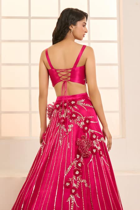 Masumi Mewawalla X AZA_Pink Net, Satin, Silk Embroidery Sweetheart Blooming Floral Bridal Lehenga Set _at_Aza_Fashions