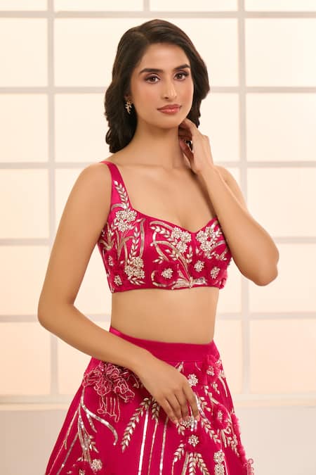 Buy_Masumi Mewawalla X AZA_Pink Net, Satin, Silk Embroidery Sweetheart Blooming Floral Bridal Lehenga Set 