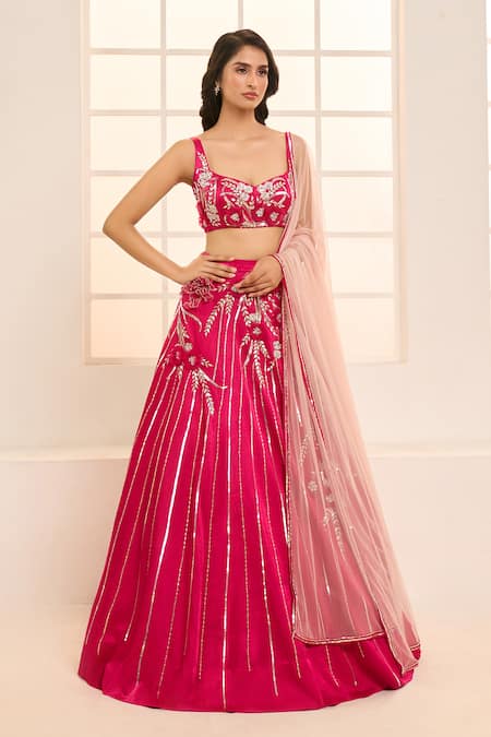 Shop_Masumi Mewawalla X AZA_Pink Net, Satin, Silk Embroidery Sweetheart Blooming Floral Bridal Lehenga Set 