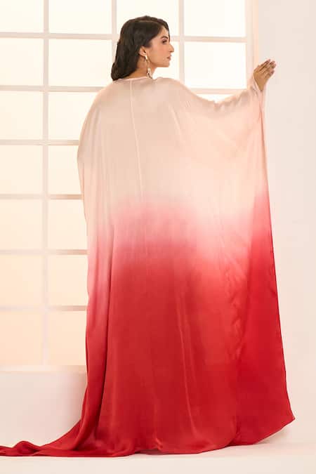 Masumi Mewawalla X AZA Rose Gold Satin, Organza Ruffles V-neck Embroidered Ombre Kaftan Online at Aza Fashions Masumi Mewawalla X AZA_Rose Gold Satin, Organza Ruffles V-neck Embroidered Ombre Kaftan _Online_at_Aza_Fashions