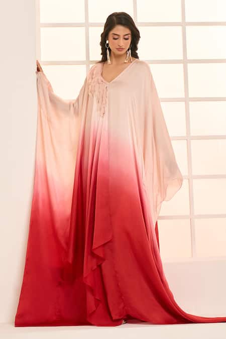 Buy Masumi Mewawalla X AZA Rose Gold Satin, Organza Ruffles V-neck Embroidered Ombre Kaftan Online at Aza Fashions Buy_Masumi Mewawalla X AZA_Rose Gold Satin, Organza Ruffles V-neck Embroidered Ombre Kaftan _Online_at_Aza_Fashions