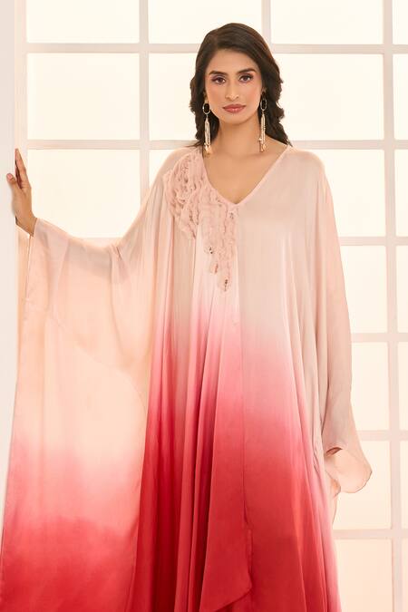 Shop Masumi Mewawalla X AZA Rose Gold Satin, Organza Ruffles V-neck Embroidered Ombre Kaftan Online at Aza Fashions Shop_Masumi Mewawalla X AZA_Rose Gold Satin, Organza Ruffles V-neck Embroidered Ombre Kaftan _Online_at_Aza_Fashions