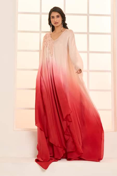 Buy Masumi Mewawalla X AZA Rose Gold Satin, Organza Ruffles V-neck Embroidered Ombre Kaftan Buy_Masumi Mewawalla X AZA_Rose Gold Satin, Organza Ruffles V-neck Embroidered Ombre Kaftan