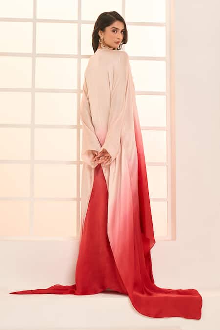 Shop Masumi Mewawalla X AZA Rose Gold Satin, Organza Ruffles V-neck Embroidered Ombre Kaftan Shop_Masumi Mewawalla X AZA_Rose Gold Satin, Organza Ruffles V-neck Embroidered Ombre Kaftan