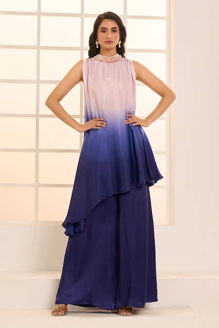 Buy_Masumi Mewawalla X AZA_Purple Gabardine Beads High Neck Ombre Asymmetric Kurta And Flared Pant Set _Online_at_Aza_Fashions